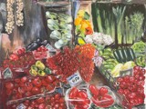 bilde viser maleri av grønnsaker i friske farger på ett marked.